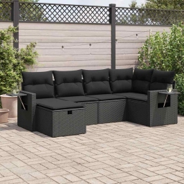 Set de sofás de jardín 6 piezas y cojines ratán sintético negro
