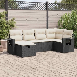 Set de sofás de jardín 6 piezas y cojines ratán sintético negro