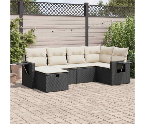 Set de sofás de jardín 6 piezas y cojines ratán sintético negro