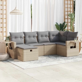 Juego de sofás jardín con cojines 6 pzas ratán sintético beige
