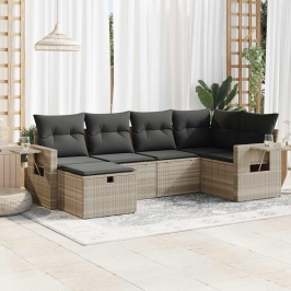 Set de sofás de jardín 6 pzas y cojines ratán sintético gris