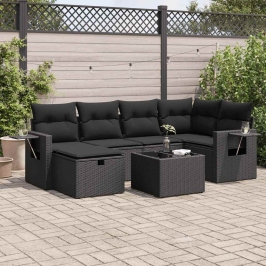 Set de sofás de jardín 7 pzas con cojines ratán sintético negro
