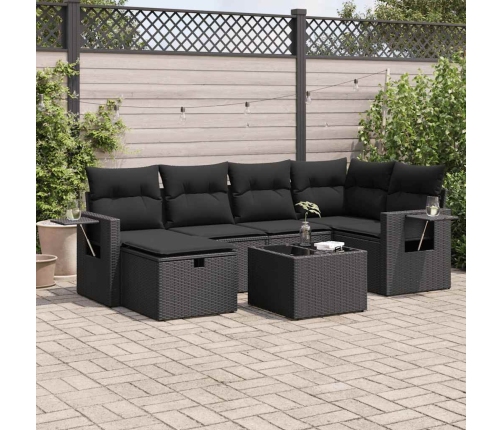 Set de sofás de jardín 7 pzas con cojines ratán sintético negro