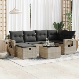 Set de sofás de jardín 7 pzas con cojines ratán PE gris claro