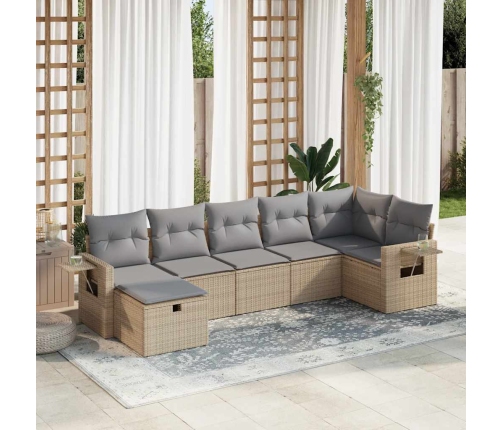 Set sofás de jardín 7 piezas y cojines ratán sintético beige