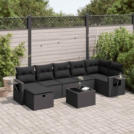 Set de sofás de jardín y cojines 8 piezas ratán sintético negro