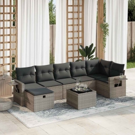 Set de sofás de jardín y cojines 8 piezas ratán sintético gris