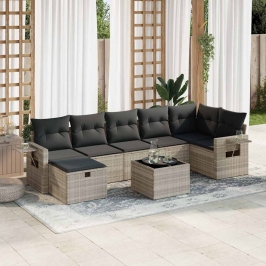 Set de sofás de jardín 8 pzas y cojines ratán sintético gris