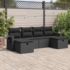 Set de sofás de jardín 6 piezas y cojines ratán sintético negro