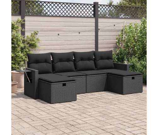 Set de sofás de jardín 6 piezas y cojines ratán sintético negro