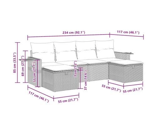 Set de muebles de jardín 6 pzas y cojines ratán sintético gris