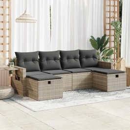 Set de sofás de jardín 6 pzas y cojines ratán sintético gris