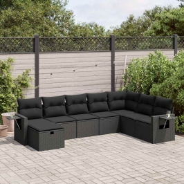 Set de sofás de jardín y cojines 8 piezas ratán sintético negro