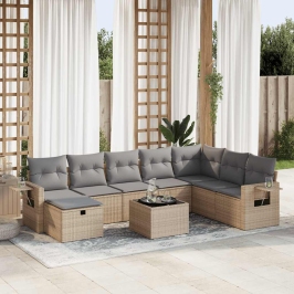Set de sofás de jardín con cojines 9 pzas ratán sintético beige