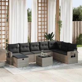 Set de sofás de jardín con cojines 9 pzas ratán sintético gris