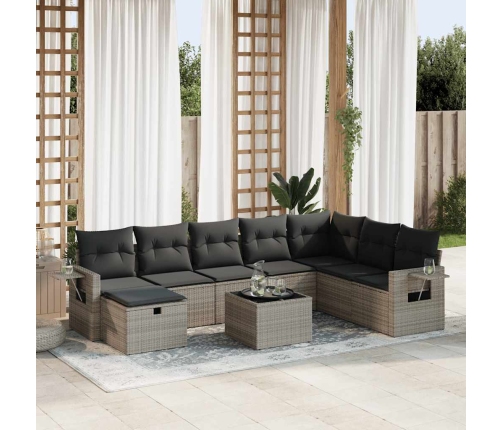 Set de sofás de jardín con cojines 9 pzas ratán sintético gris