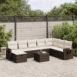 Set de sofás de jardín 9 pzas y cojines ratán sintético marrón