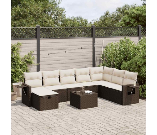 Set de sofás de jardín 9 pzas y cojines ratán sintético marrón