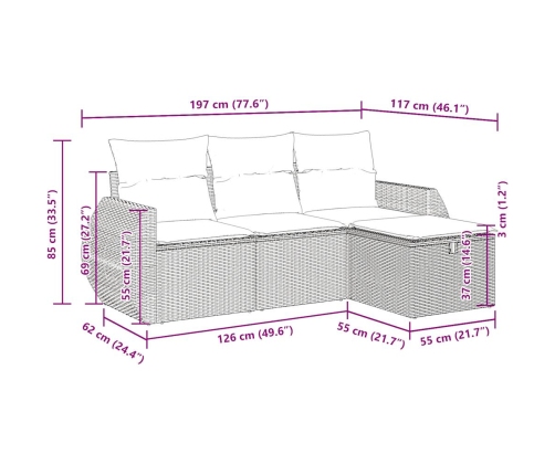Set de sofás de jardín 4 pzas y cojines ratán sintético gris