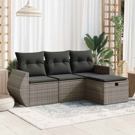 Set de sofás de jardín 4 pzas y cojines ratán sintético gris