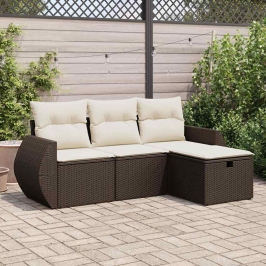Set de sofás de jardín 4 pzas y cojines ratán sintético marrón