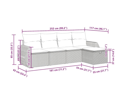 Set de muebles de jardín 5 pzas y cojines ratán sintético negro