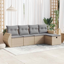 Juego de sofás jardín con cojines 5 pzas ratán sintético beige
