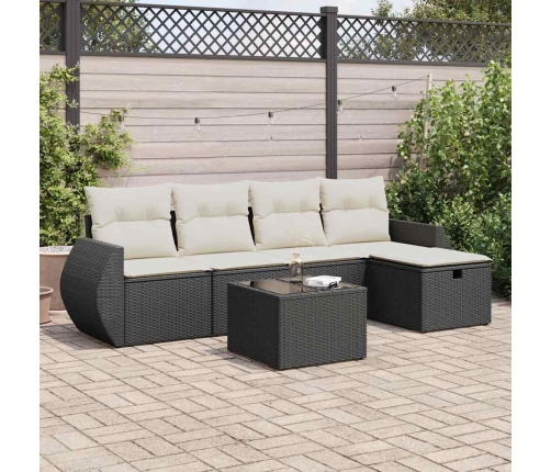 Set de sofás de jardín 6 piezas y cojines ratán sintético negro