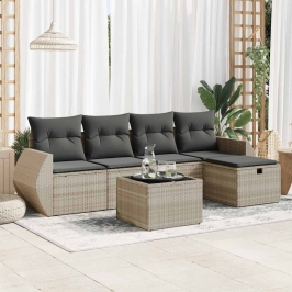 Set de sofás de jardín 6 pzas y cojines ratán sintético gris