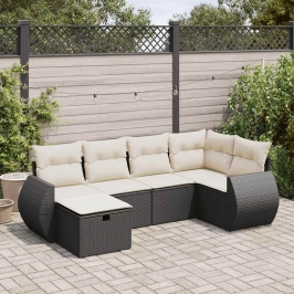 Set de sofás de jardín 6 piezas y cojines ratán sintético negro
