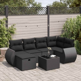 Set de sofás de jardín 7 pzas con cojines ratán sintético negro