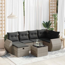 Set de sofás de jardín 7 pzas con cojines ratán sintético gris
