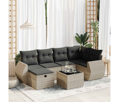 Set de sofás de jardín 7 pzas con cojines ratán PE gris claro