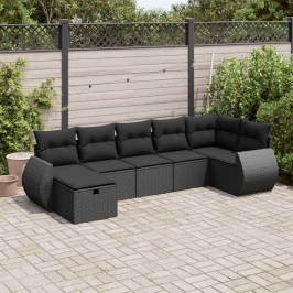 Set de sofás de jardín 7 pzas con cojines ratán sintético negro