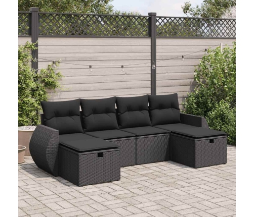 Set de sofás de jardín 6 piezas y cojines ratán sintético negro
