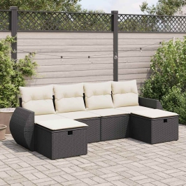 Set de sofás de jardín 6 piezas y cojines ratán sintético negro