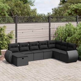 Set de sofás de jardín y cojines 8 piezas ratán sintético negro
