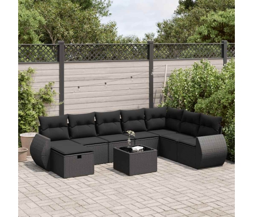 Set de sofás de jardín con cojines 9 pzas ratán sintético negro