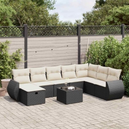 Set de sofás de jardín con cojines 9 pzas ratán sintético negro