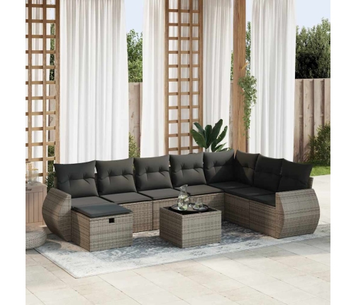 Set de sofás de jardín con cojines 9 pzas ratán sintético gris
