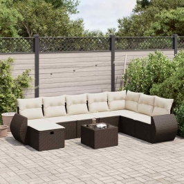 Set de sofás de jardín 9 pzas y cojines ratán sintético marrón
