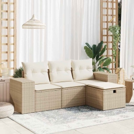 Juego de sofás jardín con cojines 4 pzas ratán sintético beige