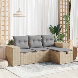 Juego de sofás jardín con cojines 4 pzas ratán sintético beige