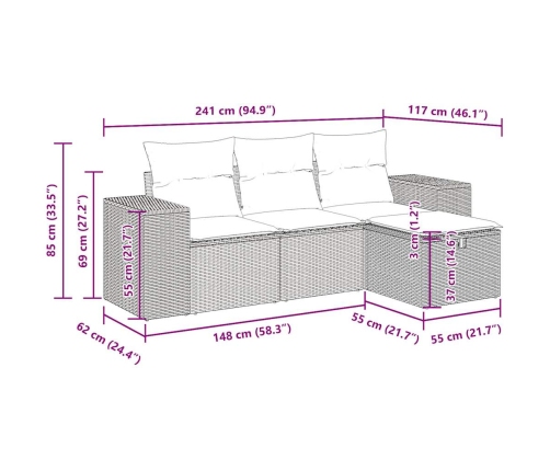 Set de sofás de jardín 4 pzas y cojines ratán sintético gris