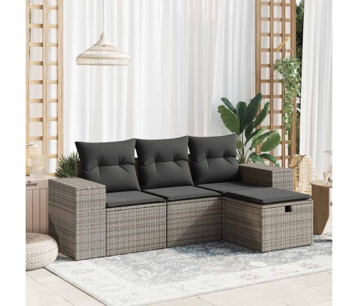 Set de sofás de jardín 4 pzas y cojines ratán sintético gris