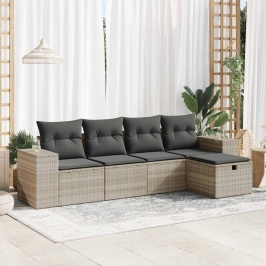 Set de sofás jardín y cojines 5 pzas ratán sintético gris claro