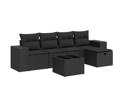 Set de sofás de jardín 6 piezas y cojines ratán sintético negro