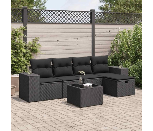 Set de sofás de jardín 6 piezas y cojines ratán sintético negro