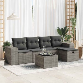 Set de muebles de jardín 6 pzas y cojines ratán sintético gris