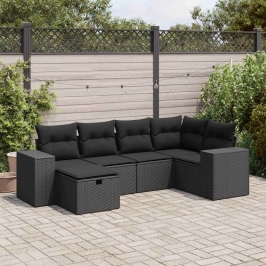 Set de sofás de jardín 6 piezas y cojines ratán sintético negro